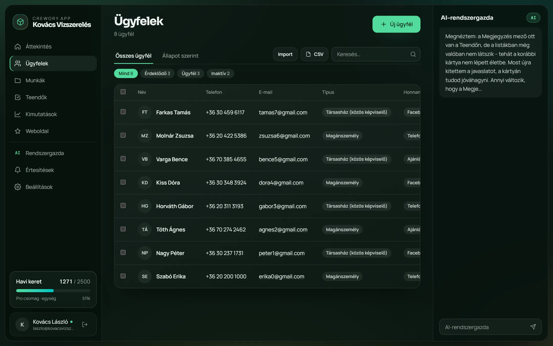 Customers: name, phone, address, source — stage filters, search, import.